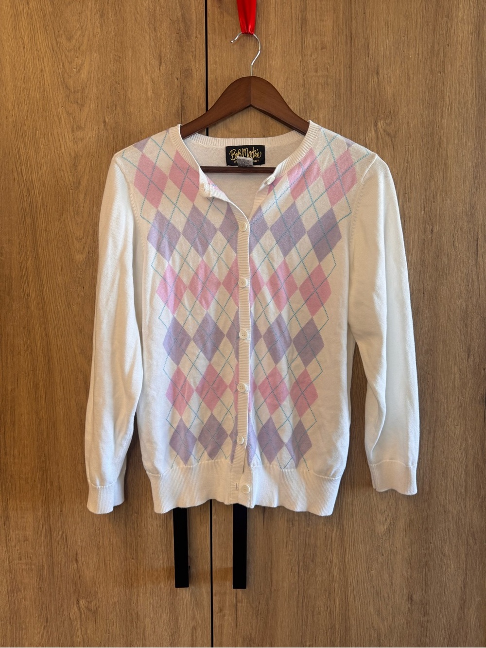 Bob Mackie Women’s White Cardigan Pastel Argyle Long Sleeve Button Up Sweater S